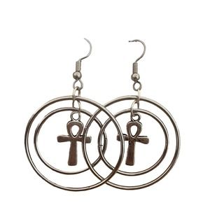 Double Silver Hoops with Ankh Earrings